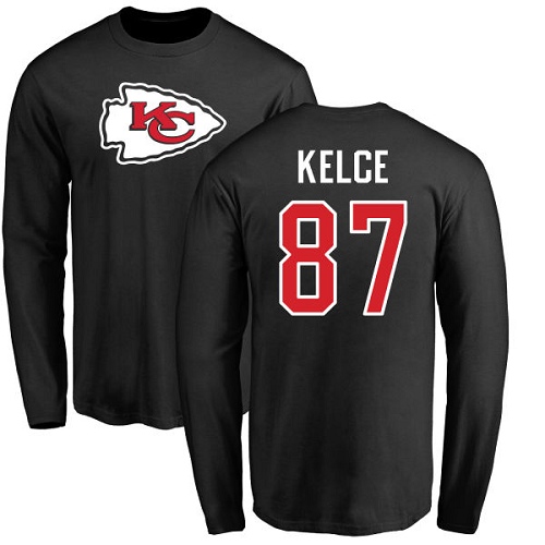 Men Kansas City Chiefs #87 Kelce Travis Black Name and Number Logo Long Sleeve T-Shirt